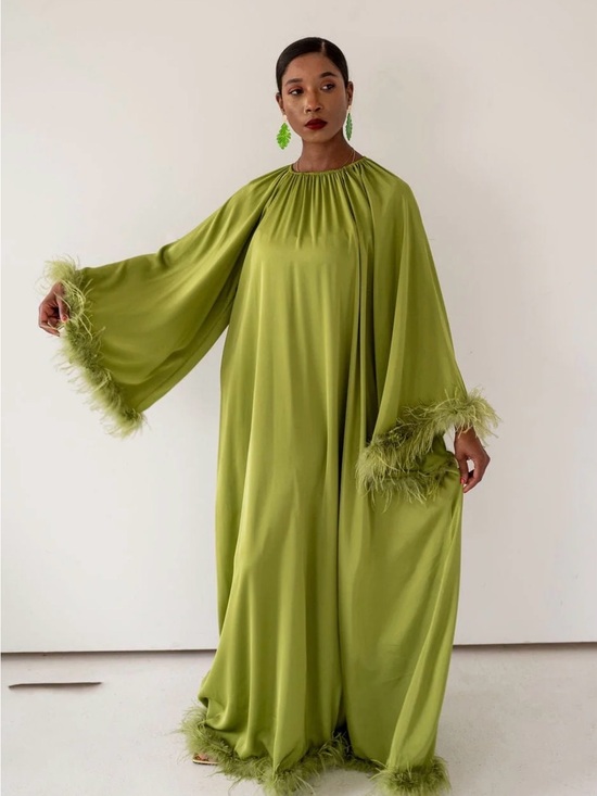 Ri mi Dresses & Skirts - Layla Feather-Trim Olive Green Maxi Kaftan Dress